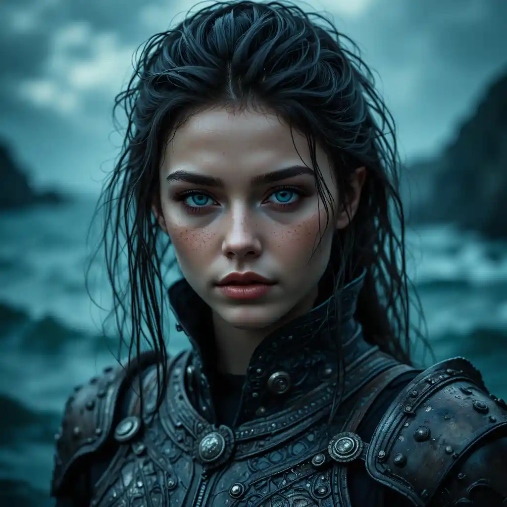 Fantasy warrior woman before a stormy teal seascape