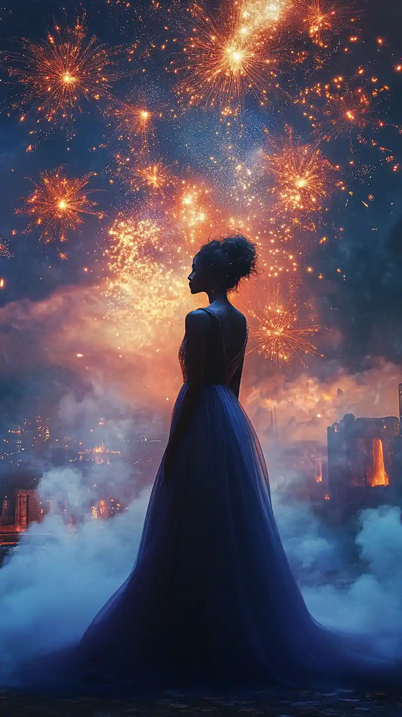 Woman beneath surreal fireworks over ancient dreamlike city