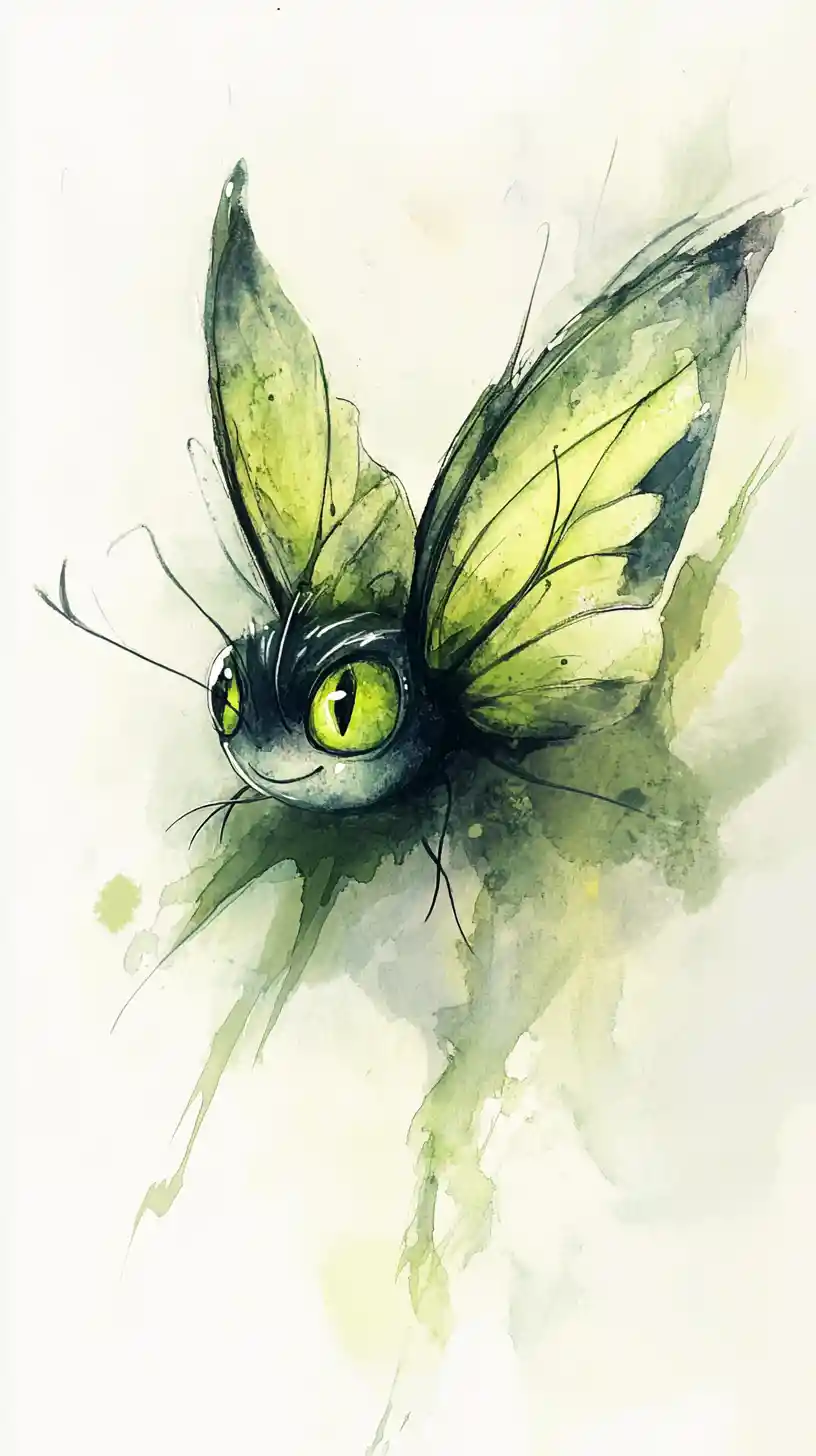 Mariposa Acuarela Fantasiosa con Brillantes Ojos Verdes