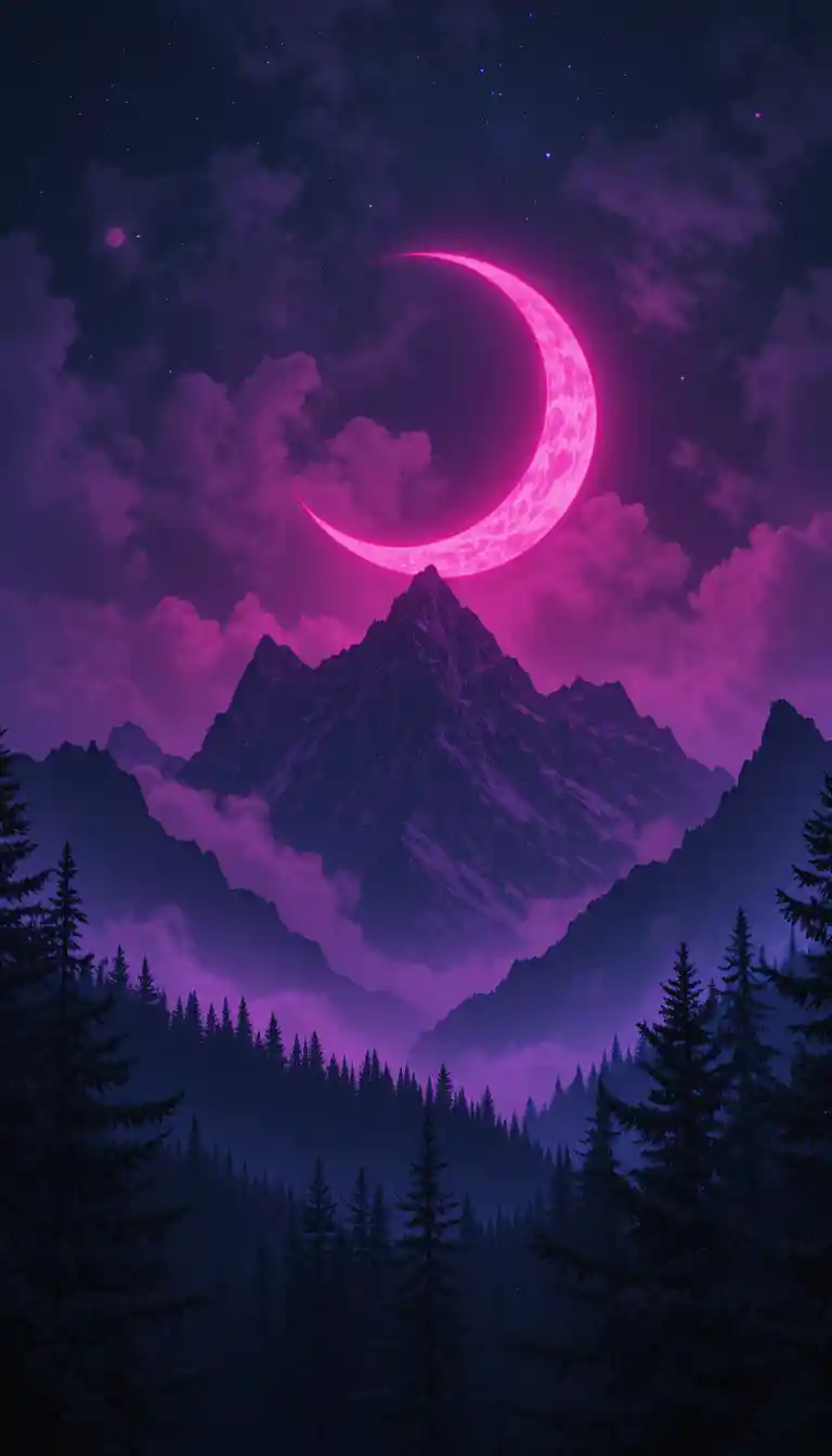 Dark mountain landscape under a giant glowing crescent moon