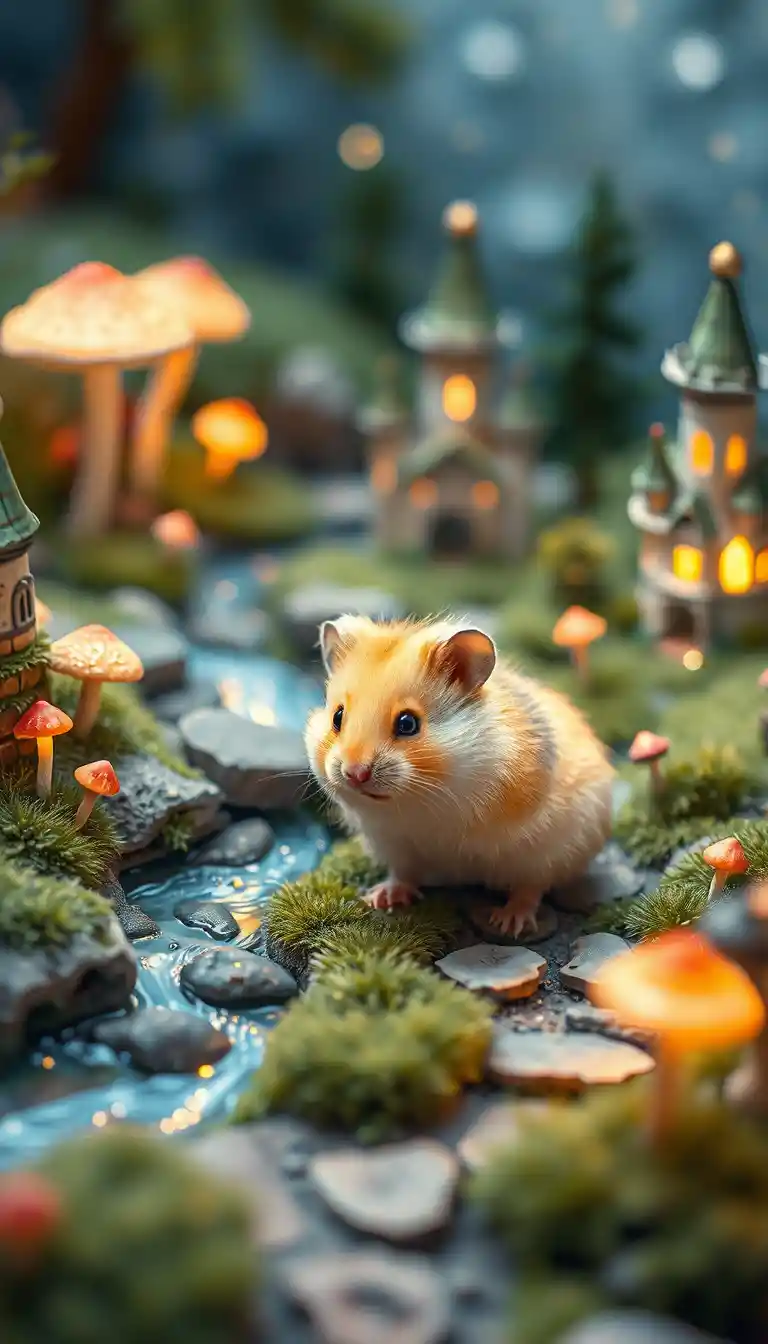 Neugieriger Hamster erkundet eine Miniatur-Fantasielandschaft