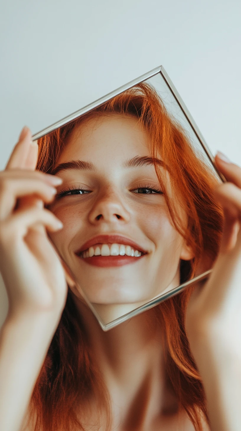 Ragazza dai capelli rossi che sorride nello specchio tenuto da mani avvolgenti