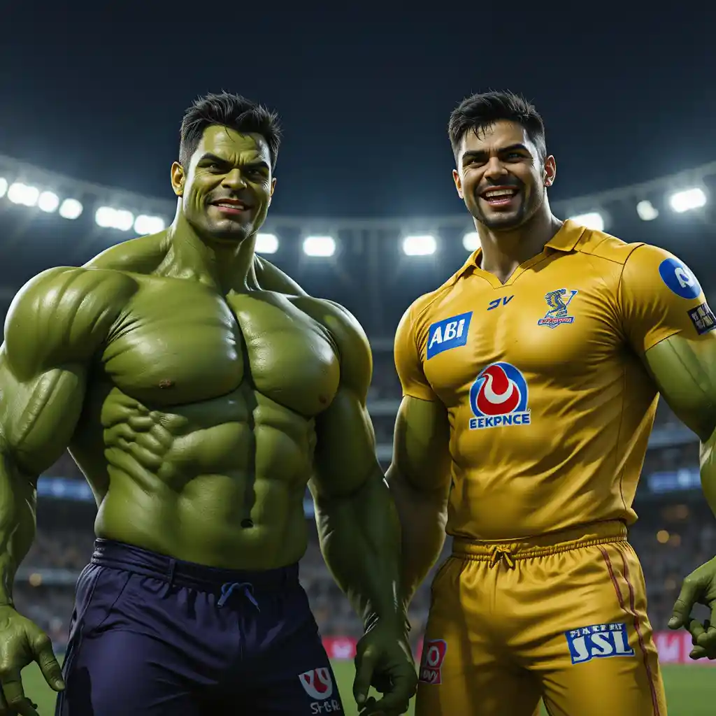 Two hulk like superheroes facing off in ipl stadium