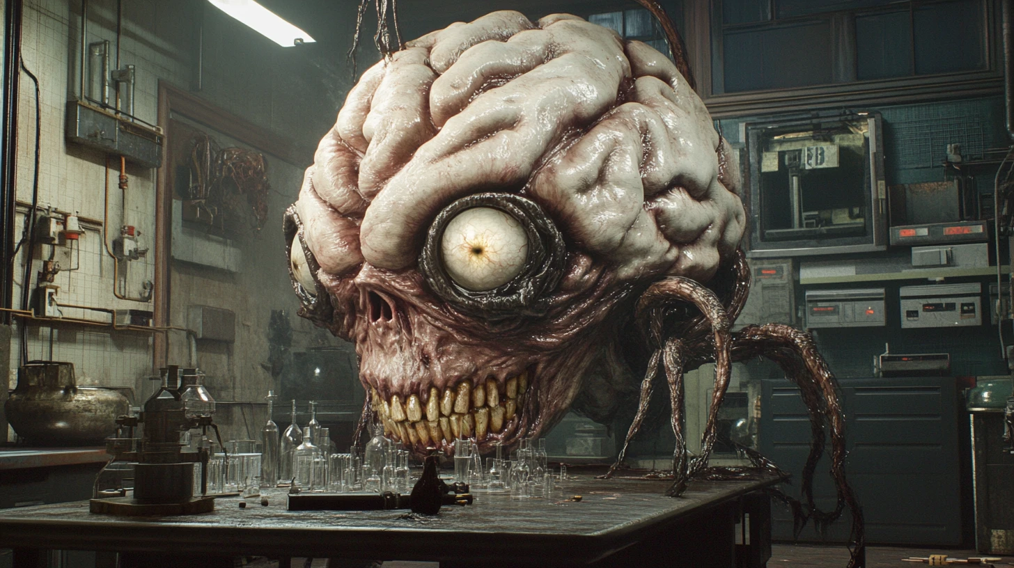 Grotesque walking brain monster in a sinister laboratory