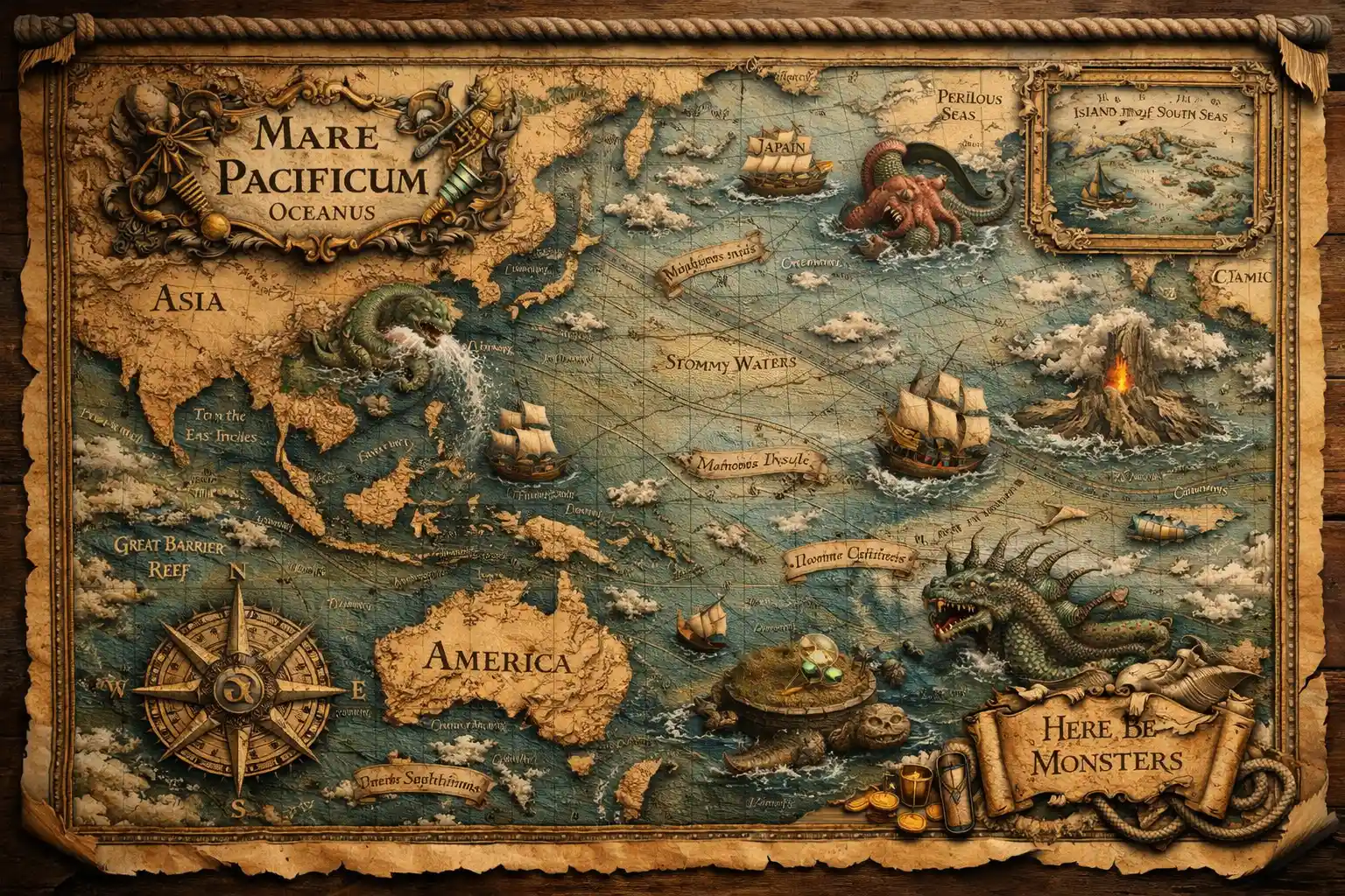 Ancient 3D Nautical Map Of The Pacific Ocean