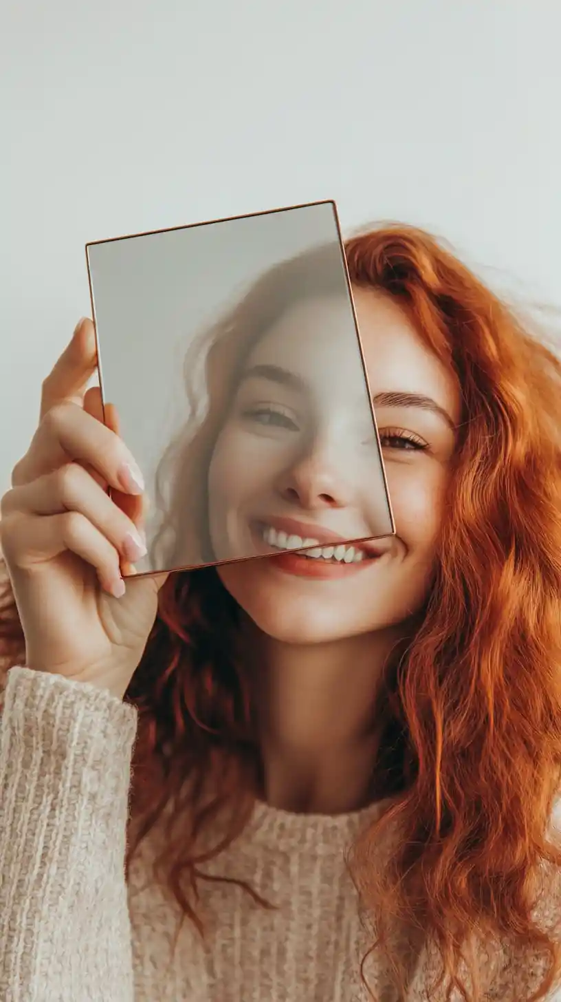 Smiling redhead girl reflected in handheld rectangular mirror