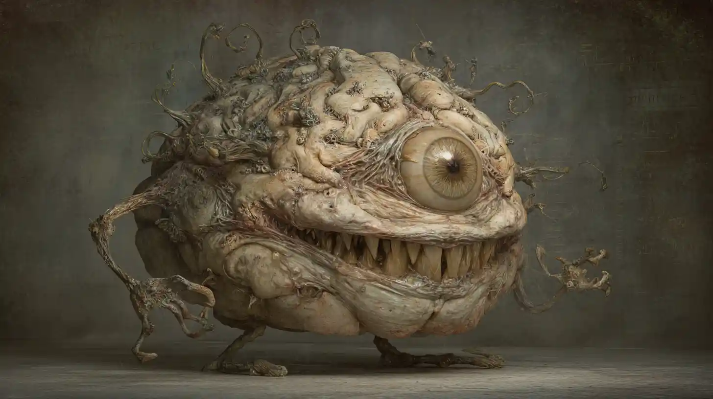 Creatura Cerebrale Mutante Grottesca in un Laboratorio Oscuro