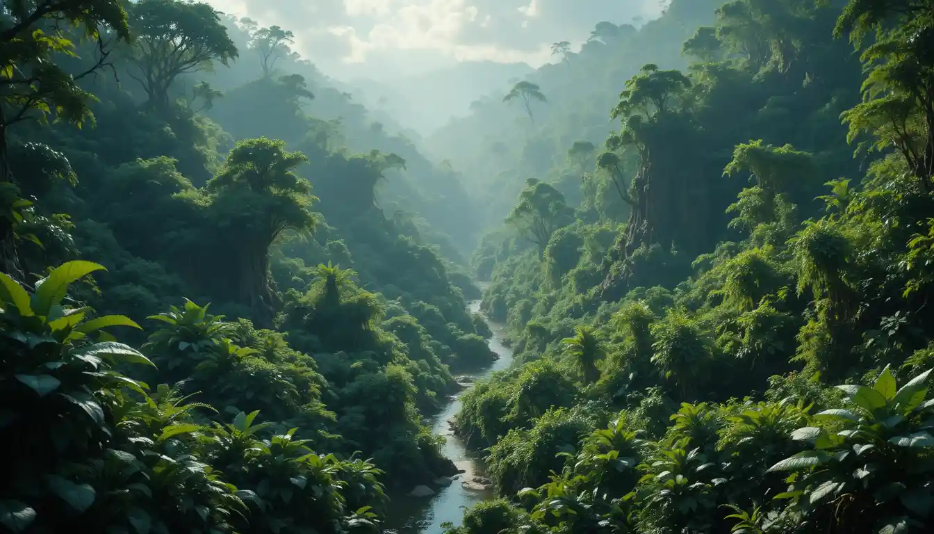 Lush jungle landscape with creeks and dancing shadows