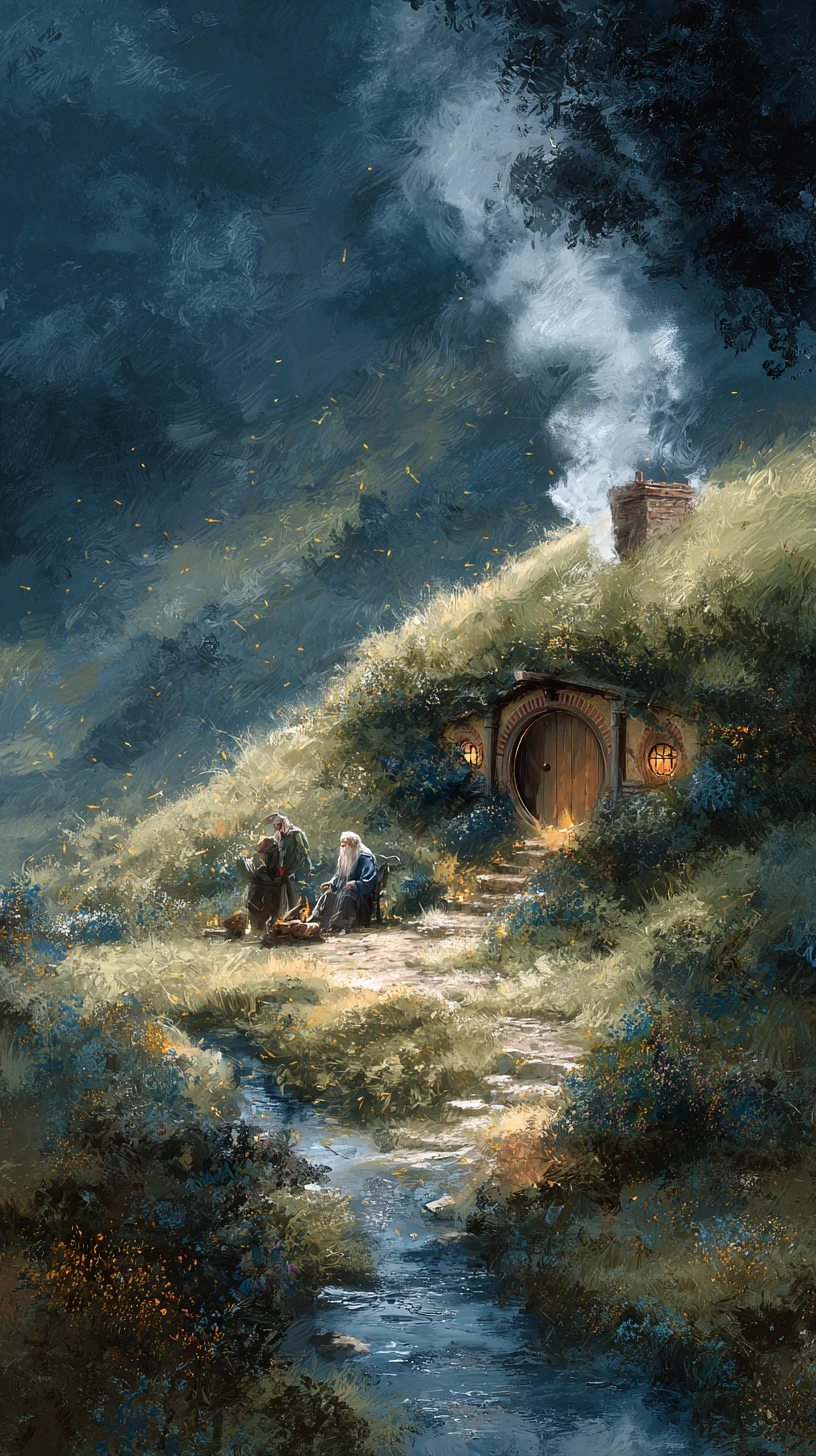 Casa de hobbit ao pôr do sol com mago e aldeão conversando