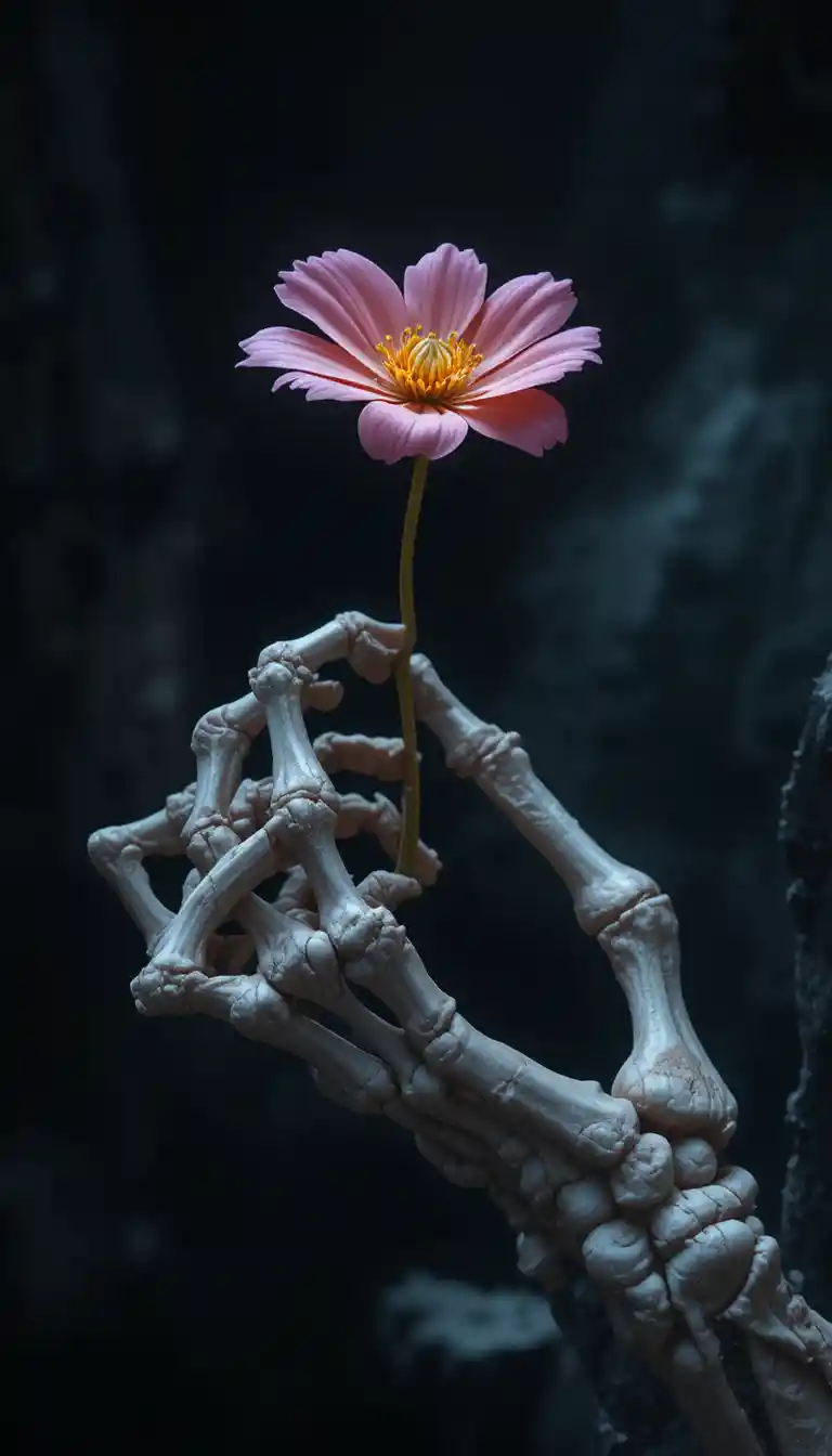 Skeleton hand holding a single flower in dramatic light