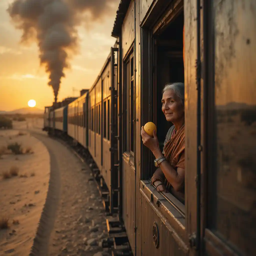 Vieux train de charbon traversant un désert doré au coucher du soleil