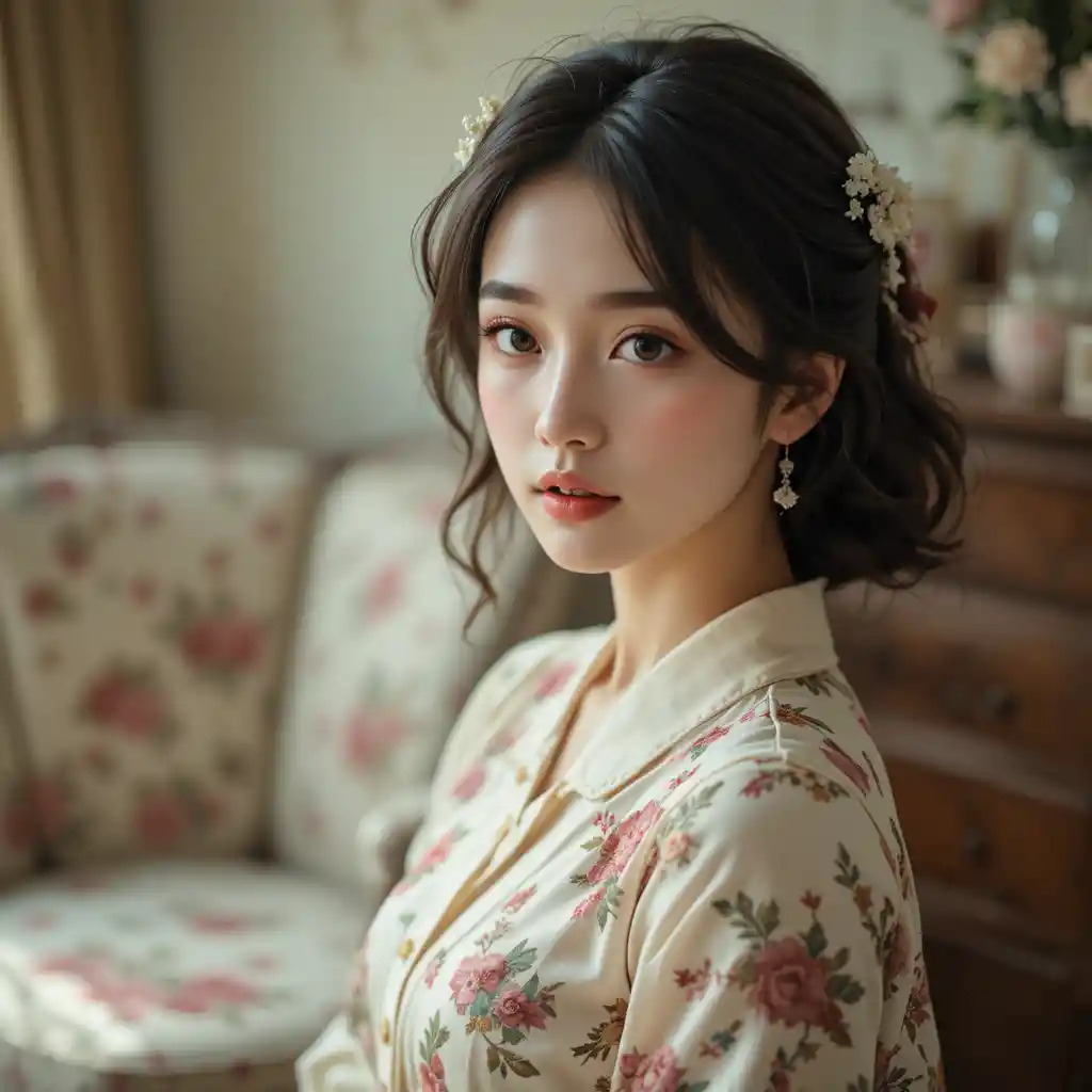 Dreamy portrait of a young woman with floral details