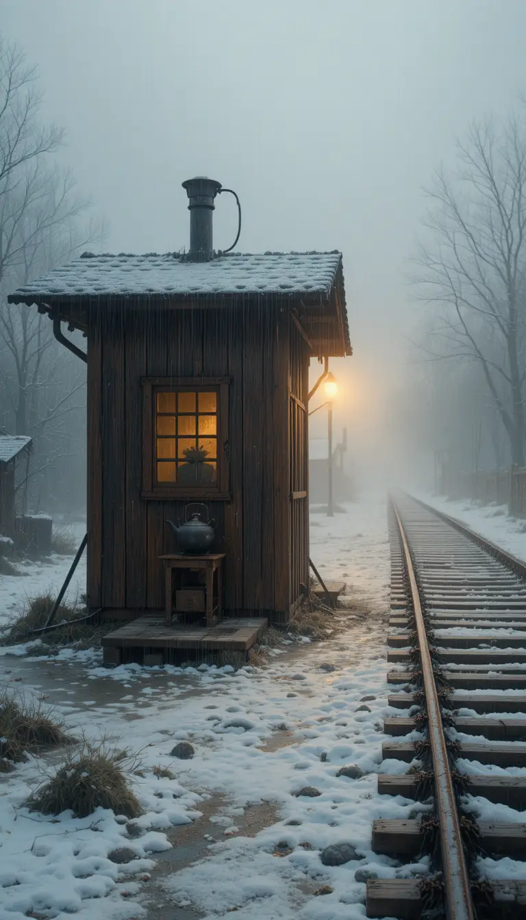 Tiny railway signal hut in misty rain beside empty tracks