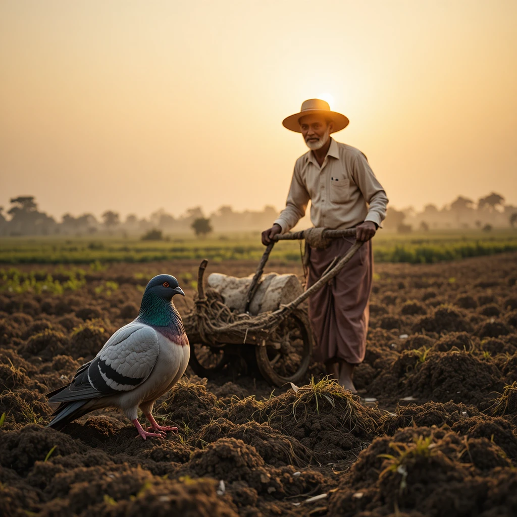 Granjero Arando el Campo Junto a una Paloma Herida al Atardecer