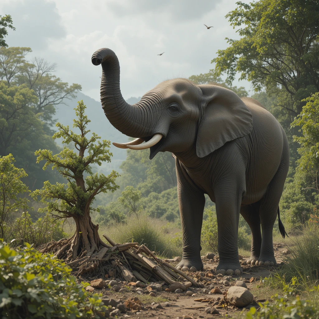 Elefante de luto por uma árvore destruída na floresta