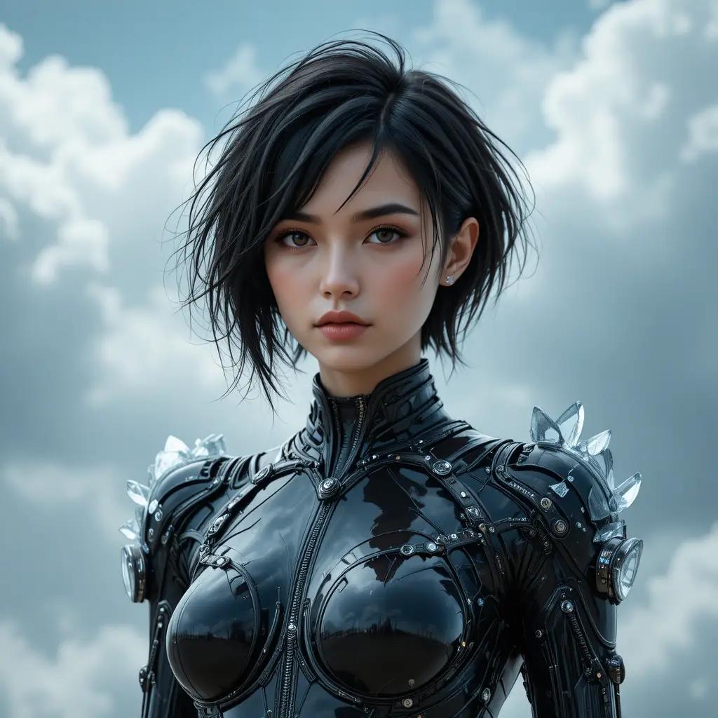Futuristic woman in cybernetic black bodysuit under clouds