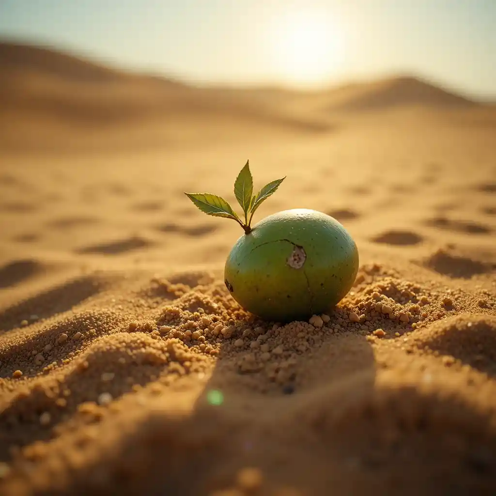 Close up mango seedling struggling on hot desert sand
