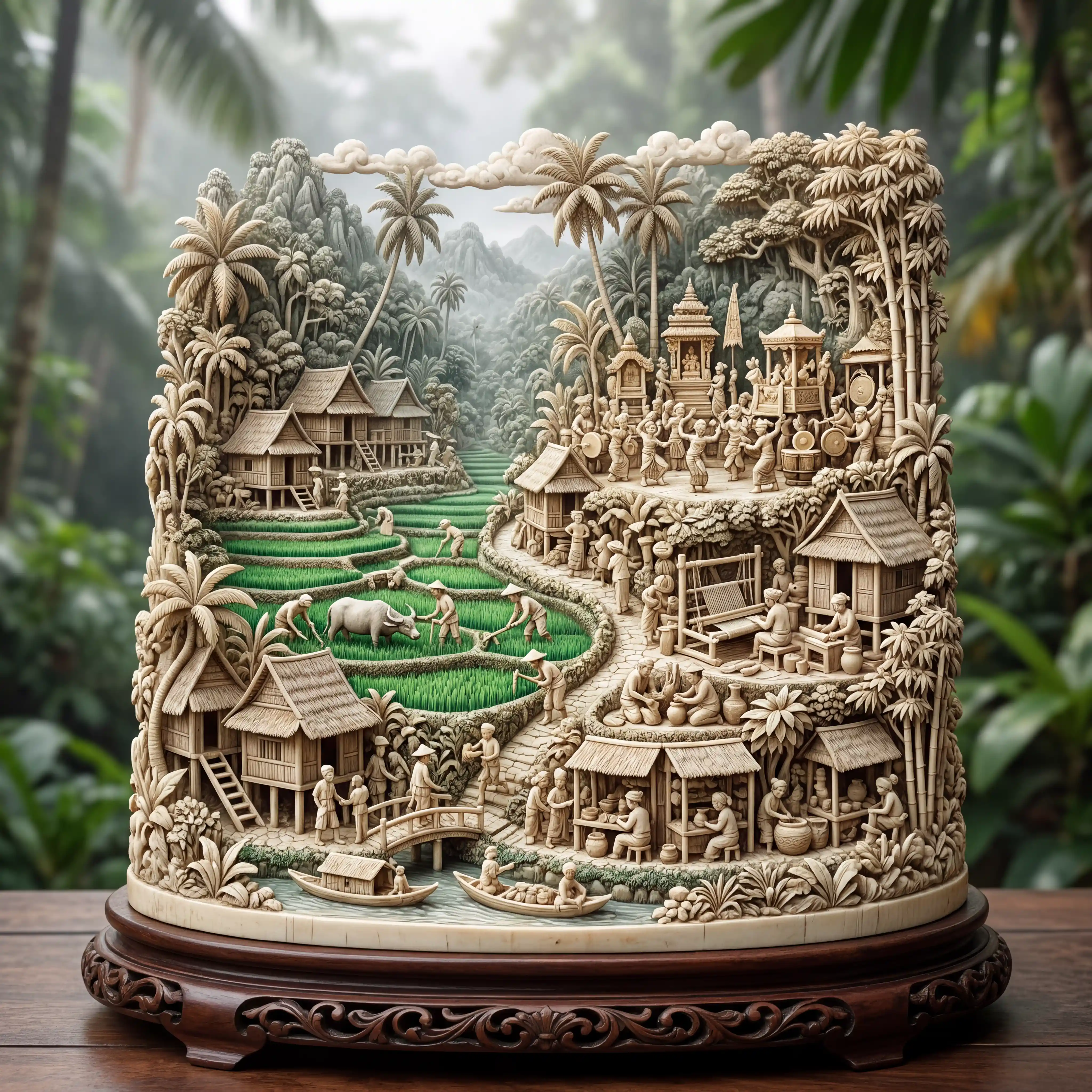 An intricate, ivory-colored figurative sculpture depicting a vivid panorama of idyllic Southeast Asian village life nestled within a lush, misty jungle.