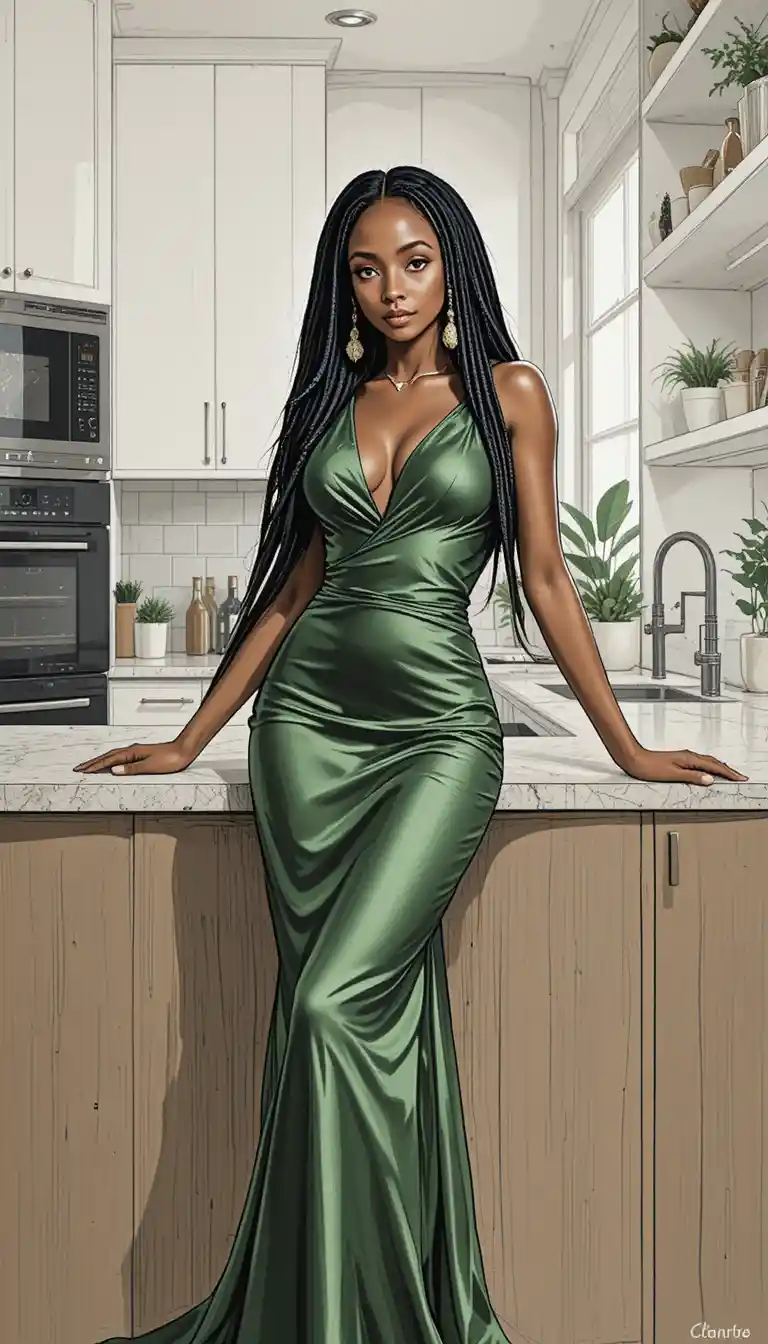 Elegant black woman in green dress in modern kitchen