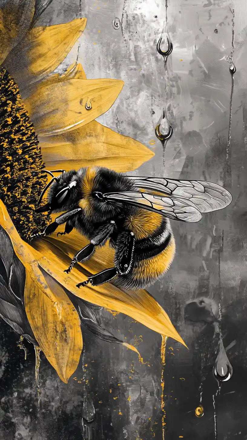 Primer plano a carbón de una abeja sobre un pétalo de girasol bajo la lluvia
