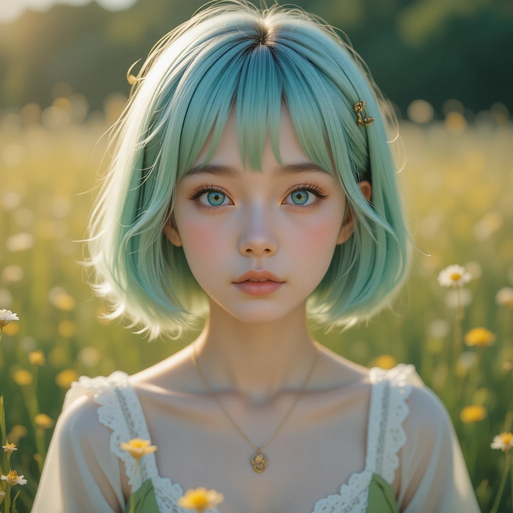 Mint haired anime girl in a sunlit flower meadow