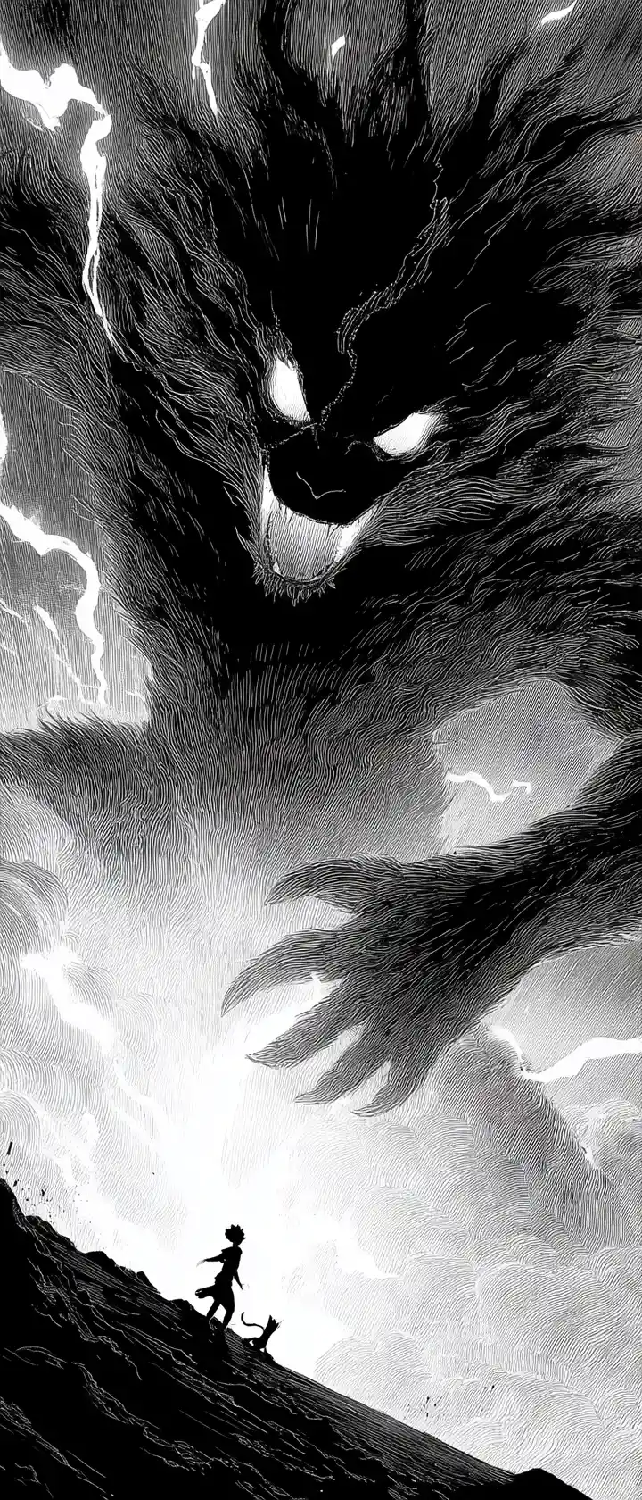 Giant beast carrying a weary traveler through a storm