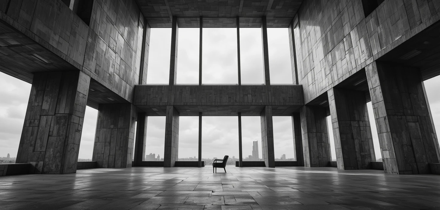 Brutalistische Inneneinrichtung mit geometrischen Fenstern in dramatischem Schwarz-Weiß