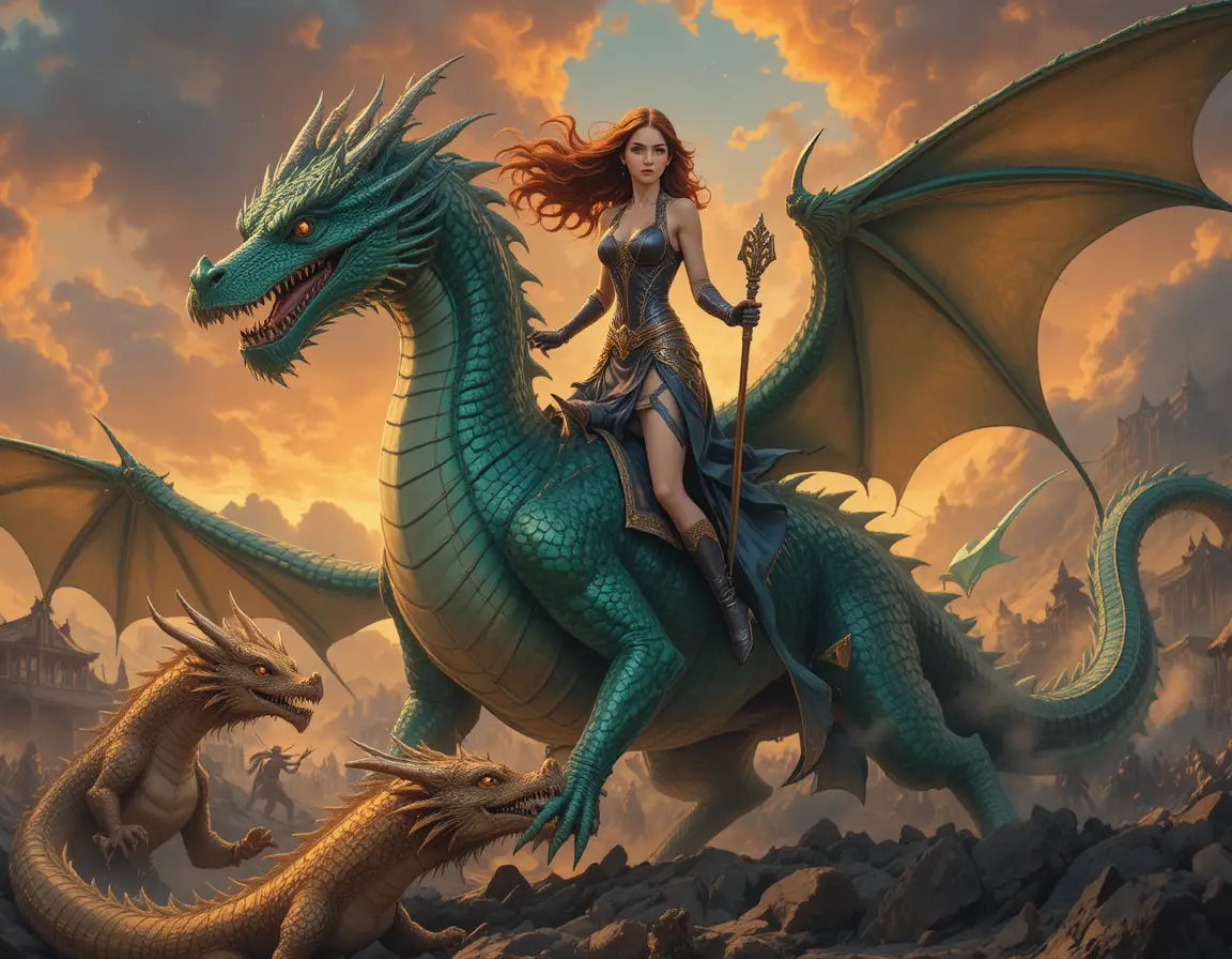 Fiery haired warrior woman riding an emerald dragon