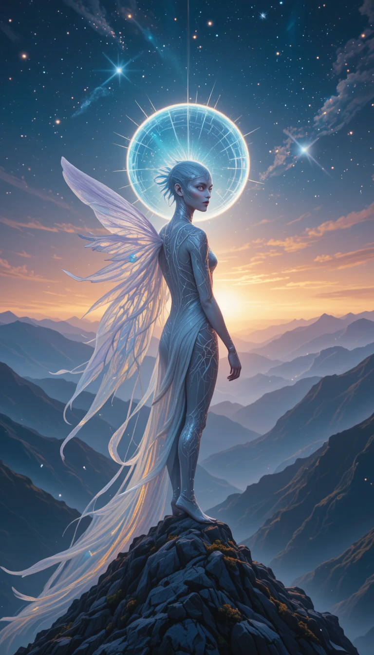 Celestial winged being over mountains at cosmic sunset