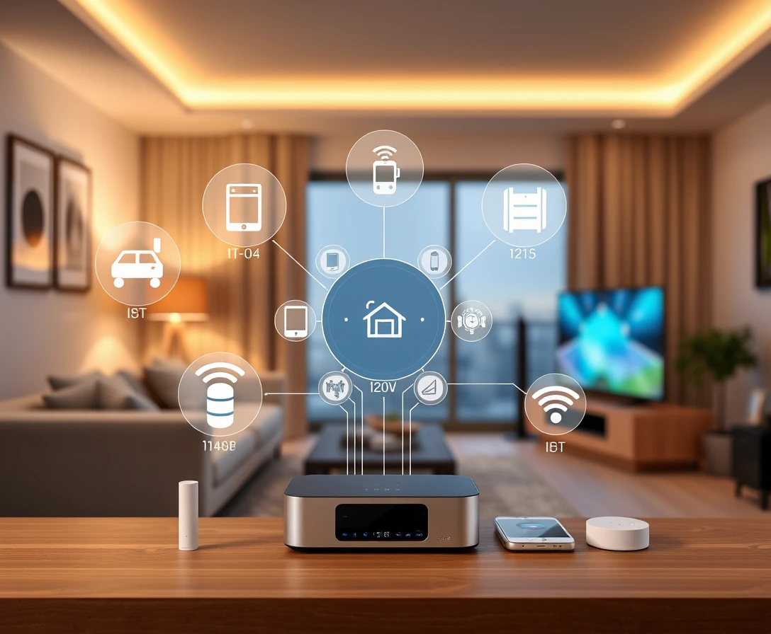 Hub de maison connectée reliant les appareils dans un salon chaleureux