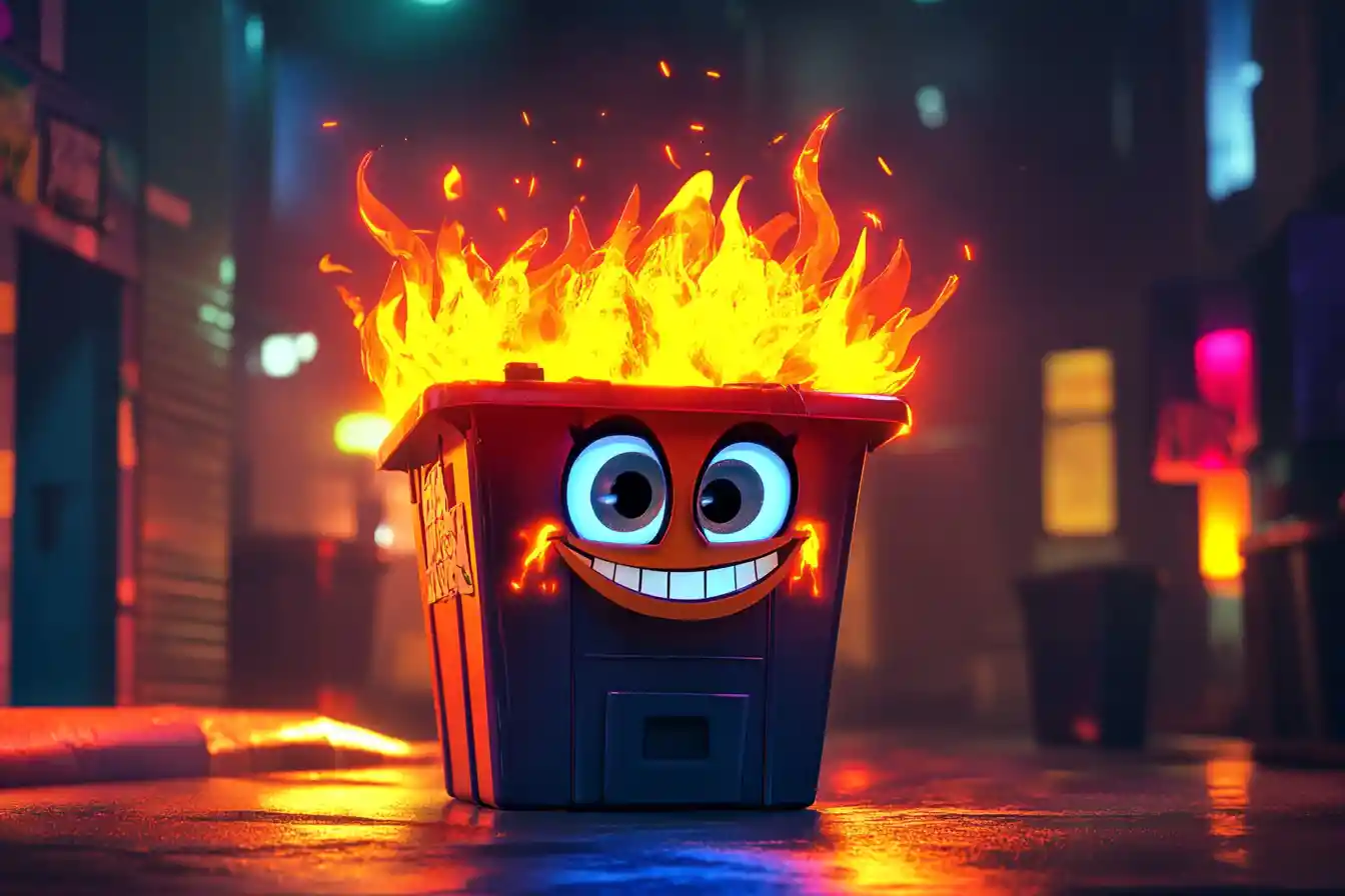 Cute flaming dumpster character in neon city at night