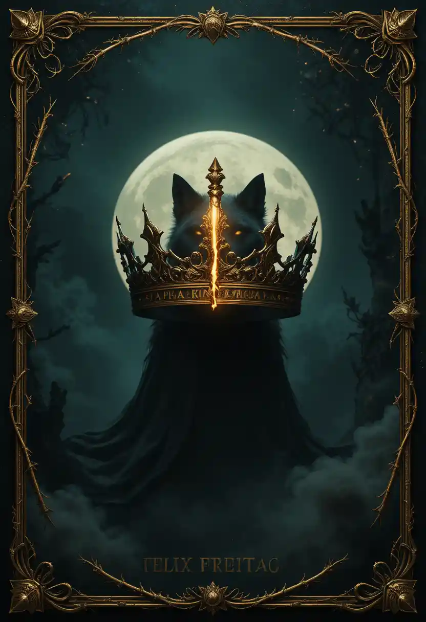 Couronne dorée fendue et loup d’ombre sur couverture vert sombre