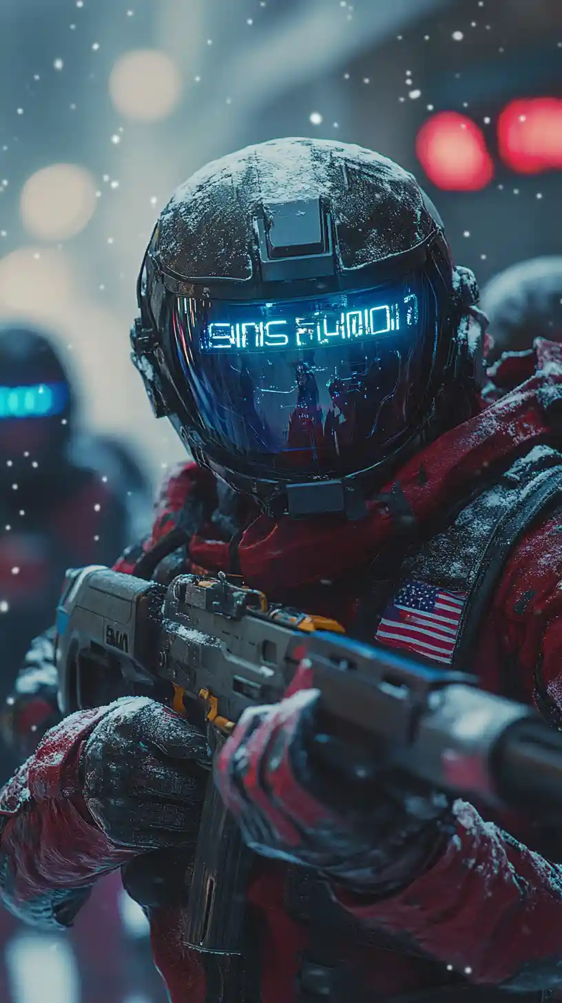 Futuristische Weltraum-Scharfschützin führt Soldaten auf Raumschiff an