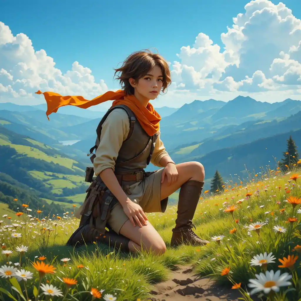 Young adventurer kneeling on a sunlit grassy hill