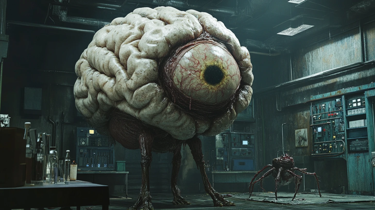 Monstruo grotesco de cerebro andante en un laboratorio siniestro