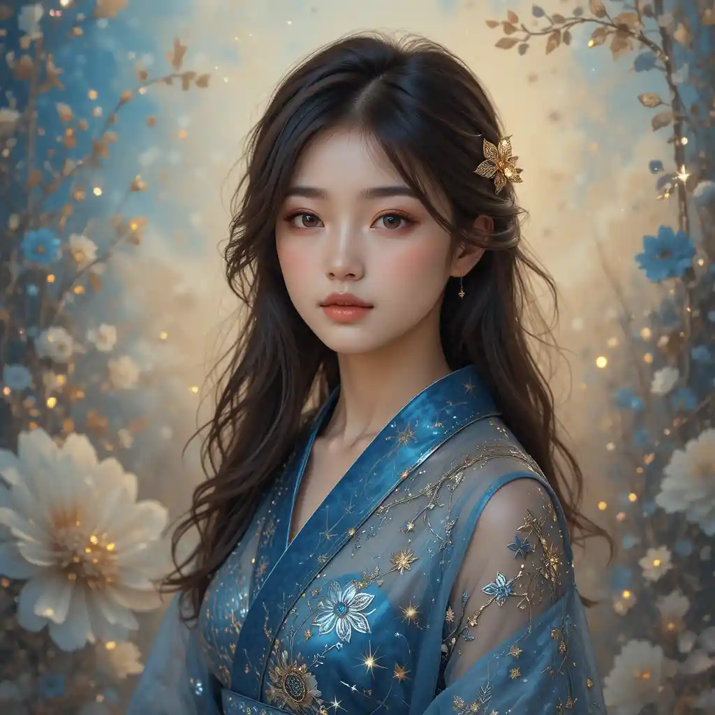 Traumhaftes Porträt einer jungen Frau im himmelblauen Kimono
