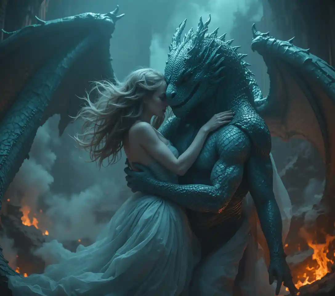 Pale winged woman riding an enraged emerald dragon