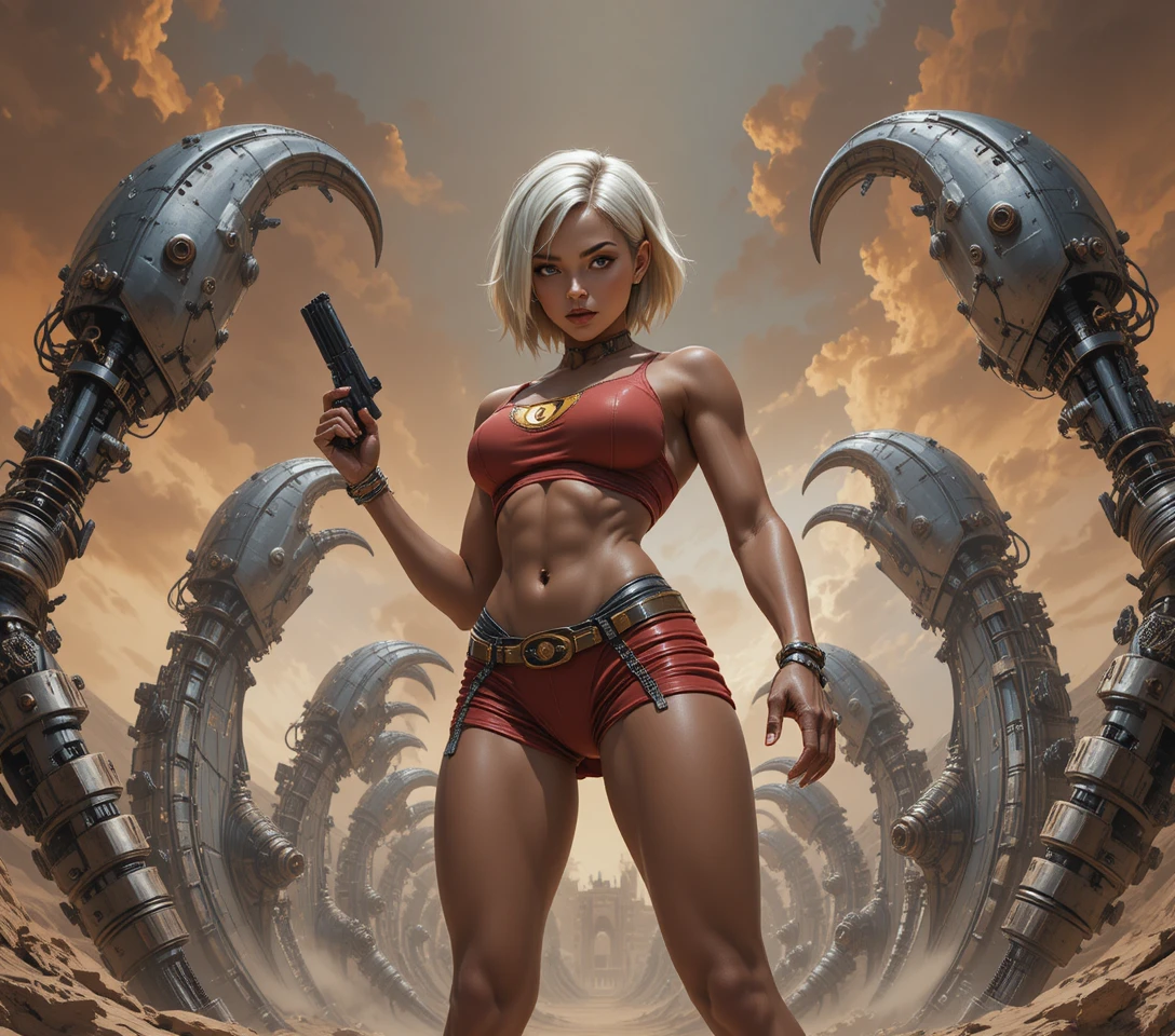 Femme musclée avec un couteau dans un désert futuriste sombre