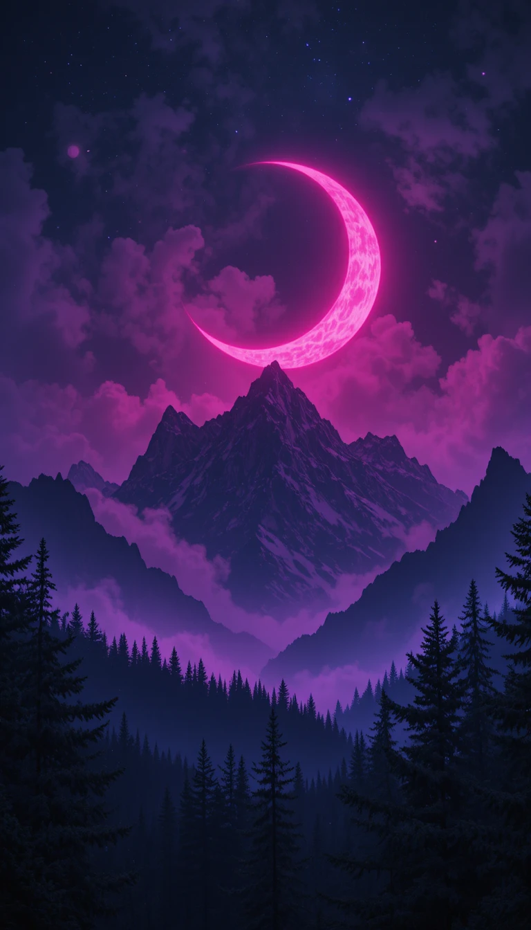 Paisaje montañoso oscuro bajo una enorme luna creciente brillante