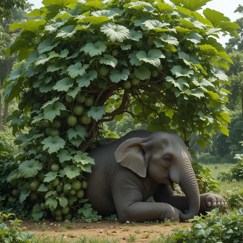 Elefant ruht im Schatten einer üppigen Wassermelonenranke