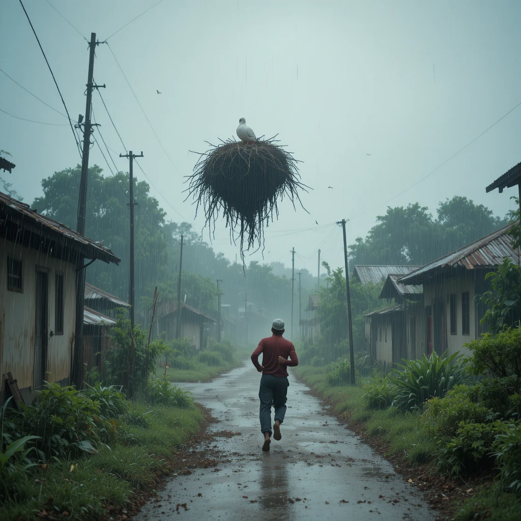 Campesino corriendo bajo la lluvia en tormenta del pueblo