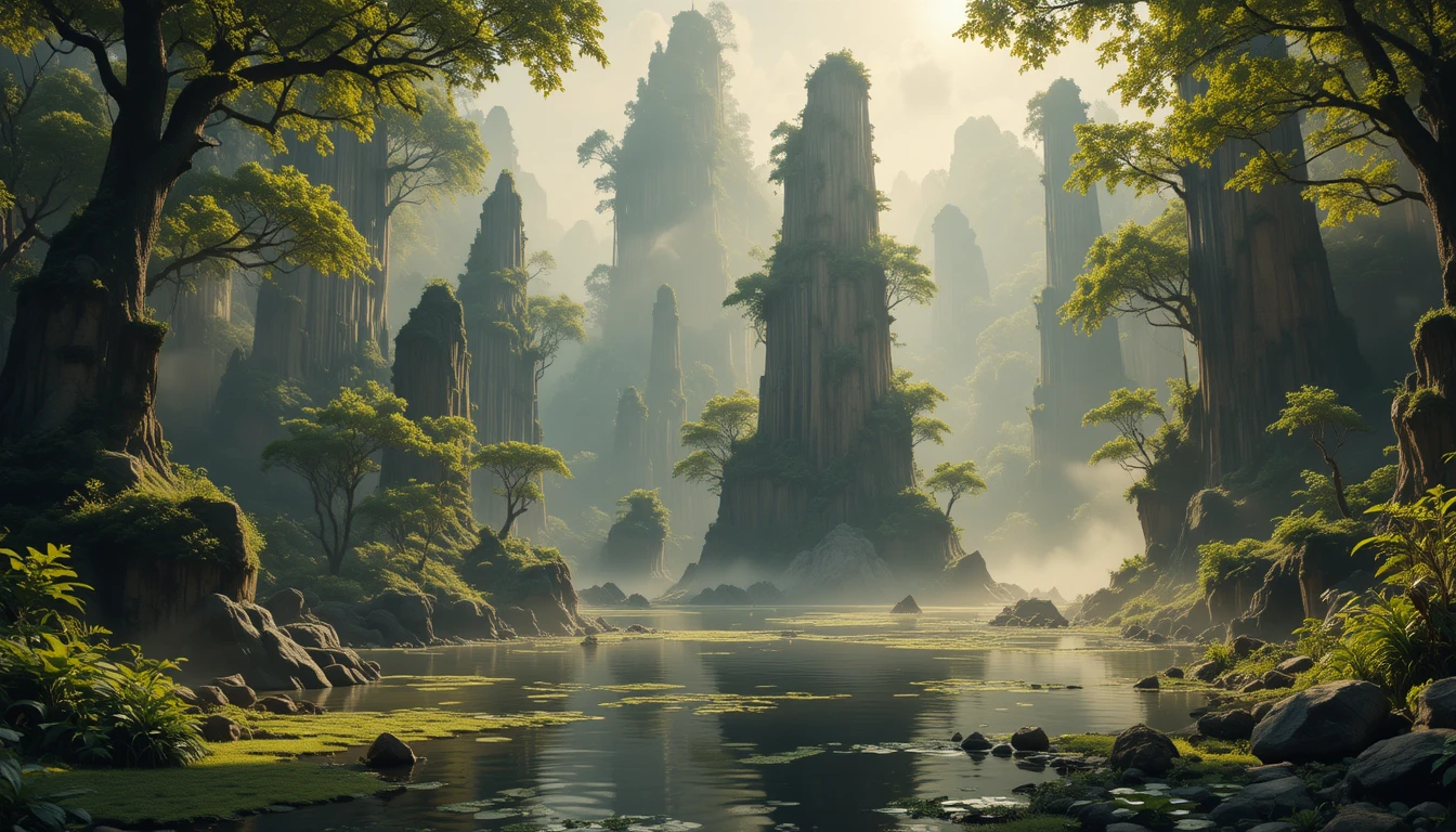 Misty jungle landscape with ponds and towering rock pillars