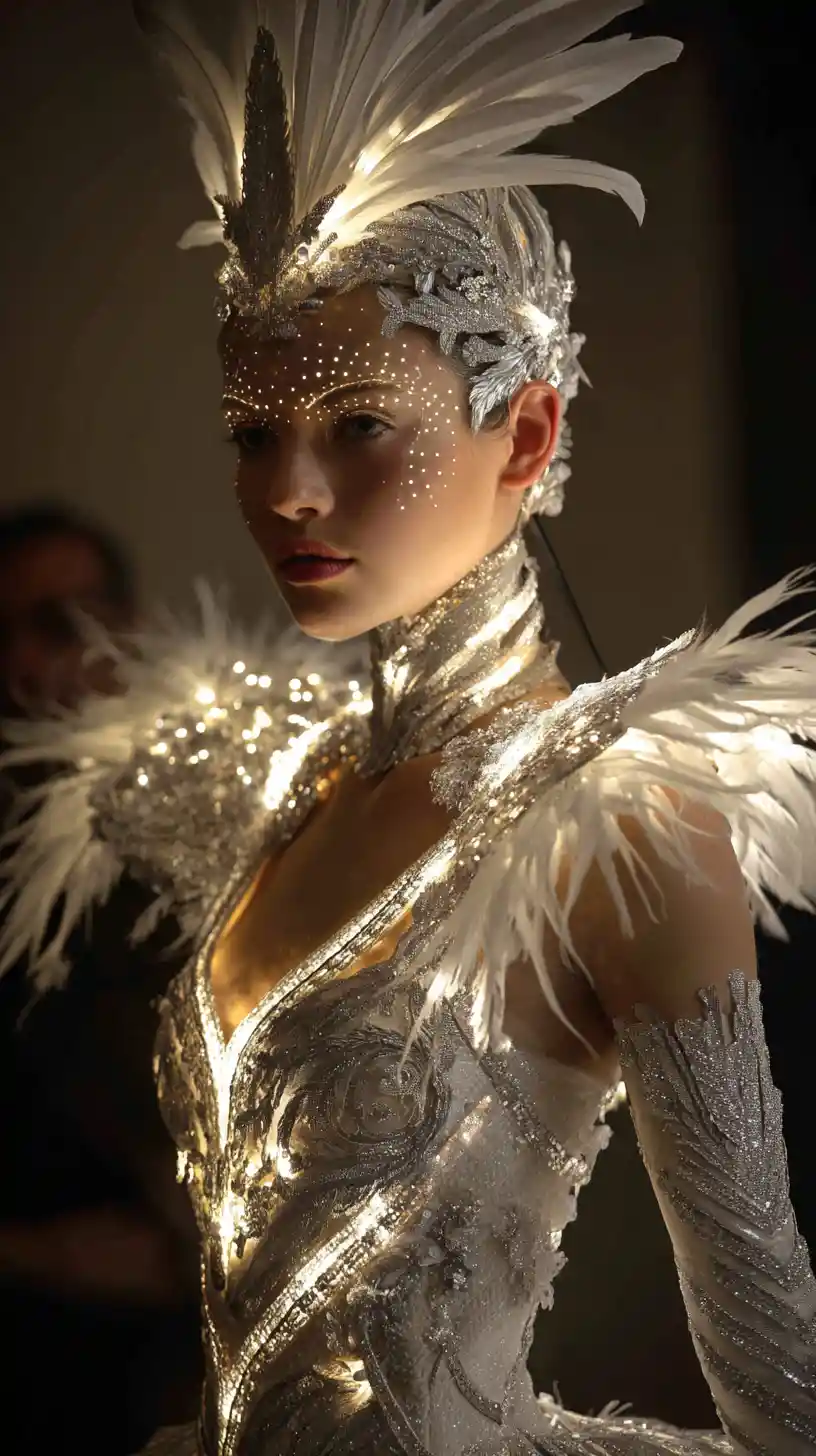 Supermodel in luminous fantasy couture inspired costume portrait