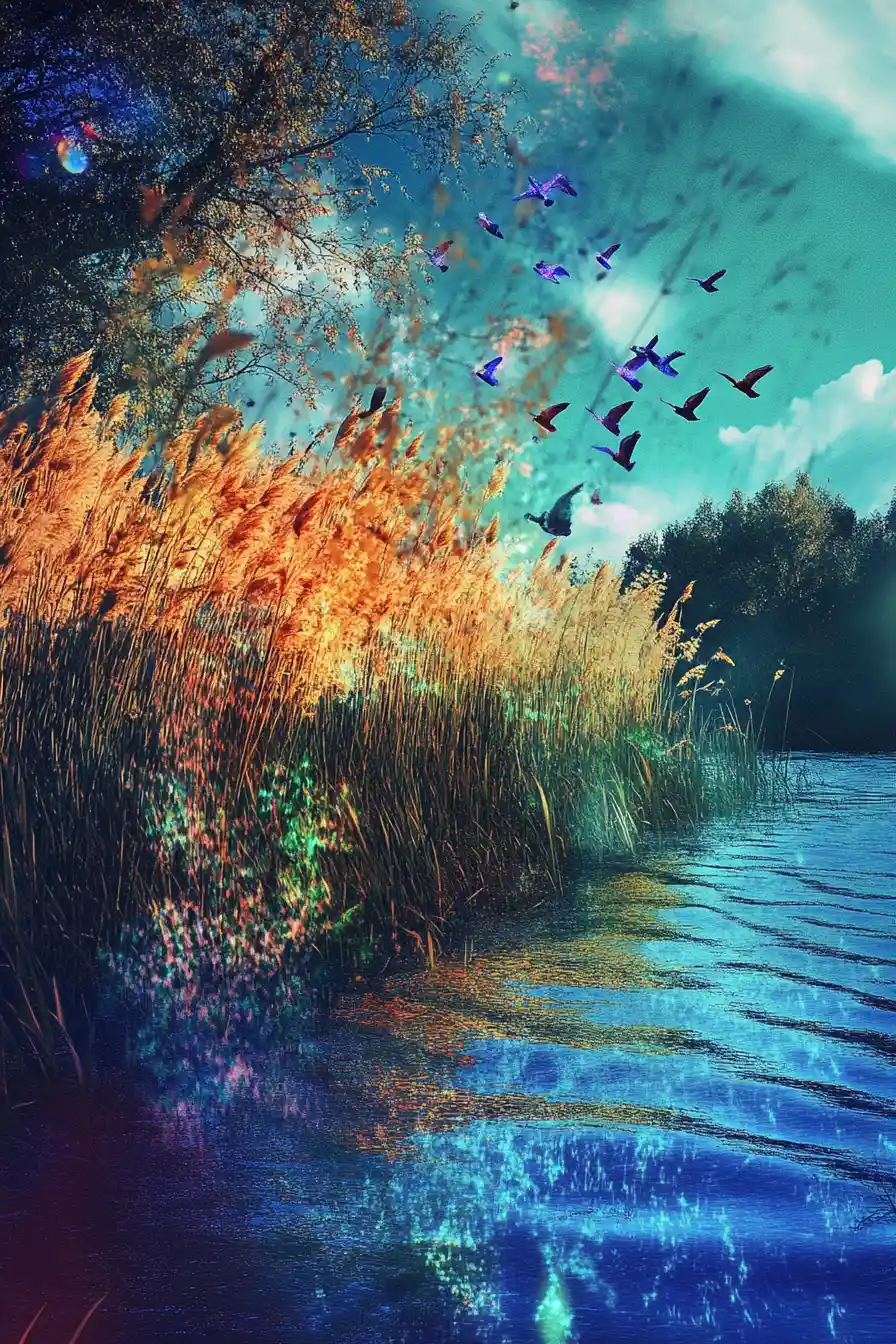 Mystical power swirling over golden grass and birds