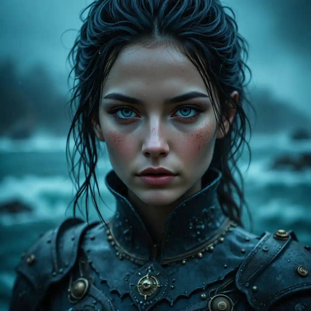 Fantasy-Kriegerin an einer stürmischen türkisgrünen Meeresküste