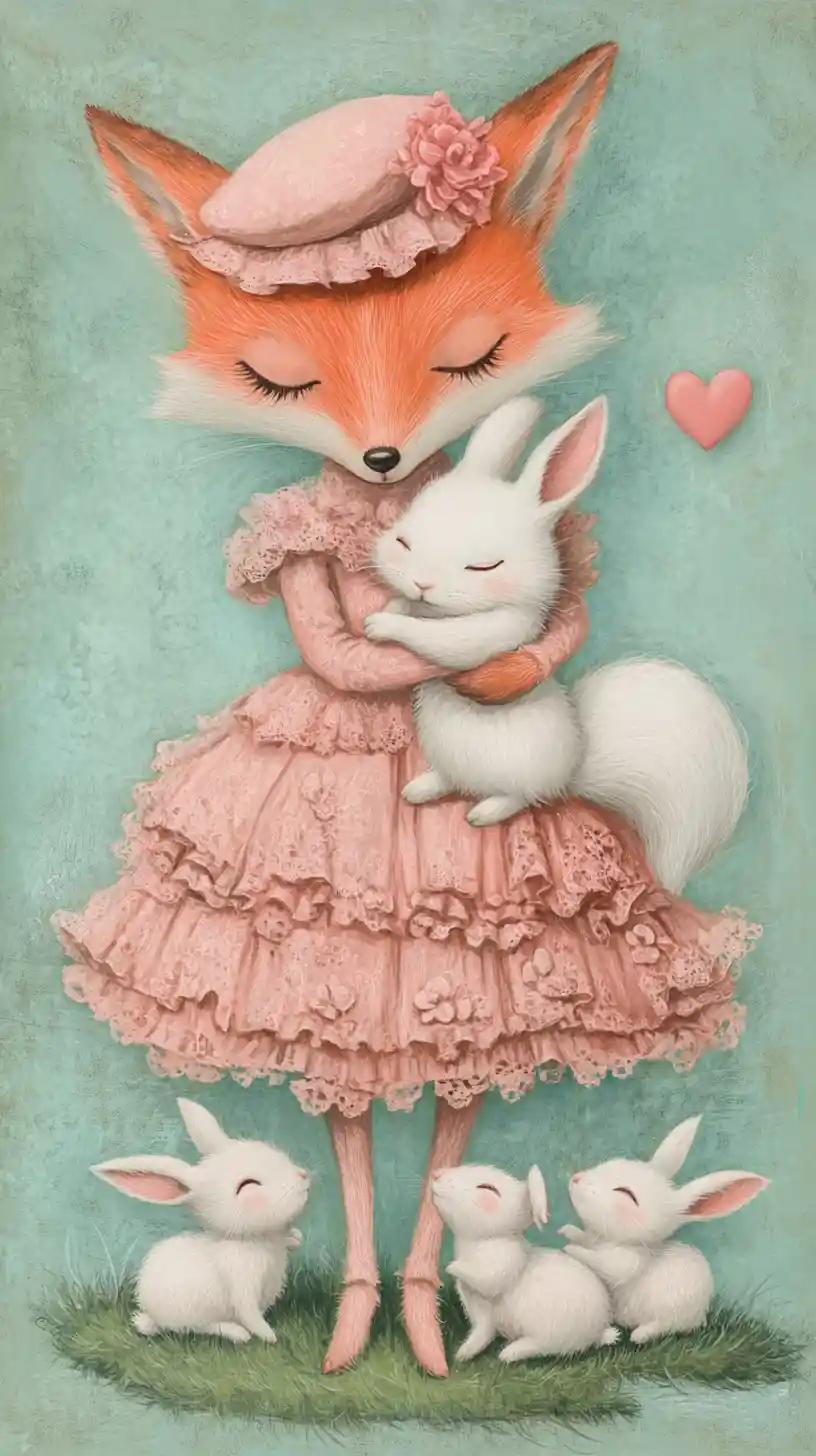 Anthropomorphic fox in pink dress cuddling white rabbit