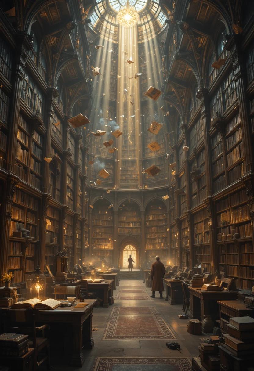 Enormous Fantasy Library With Floating Books And Glowing Runes