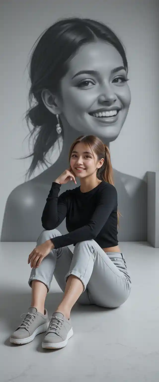 Smiling woman sitting on studio floor with mural portrait