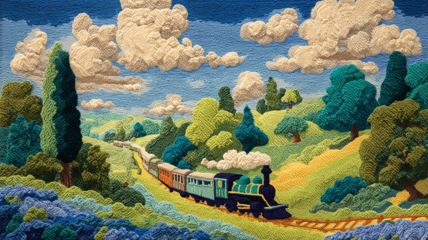 Colorful crochet steam train in a peaceful countryside