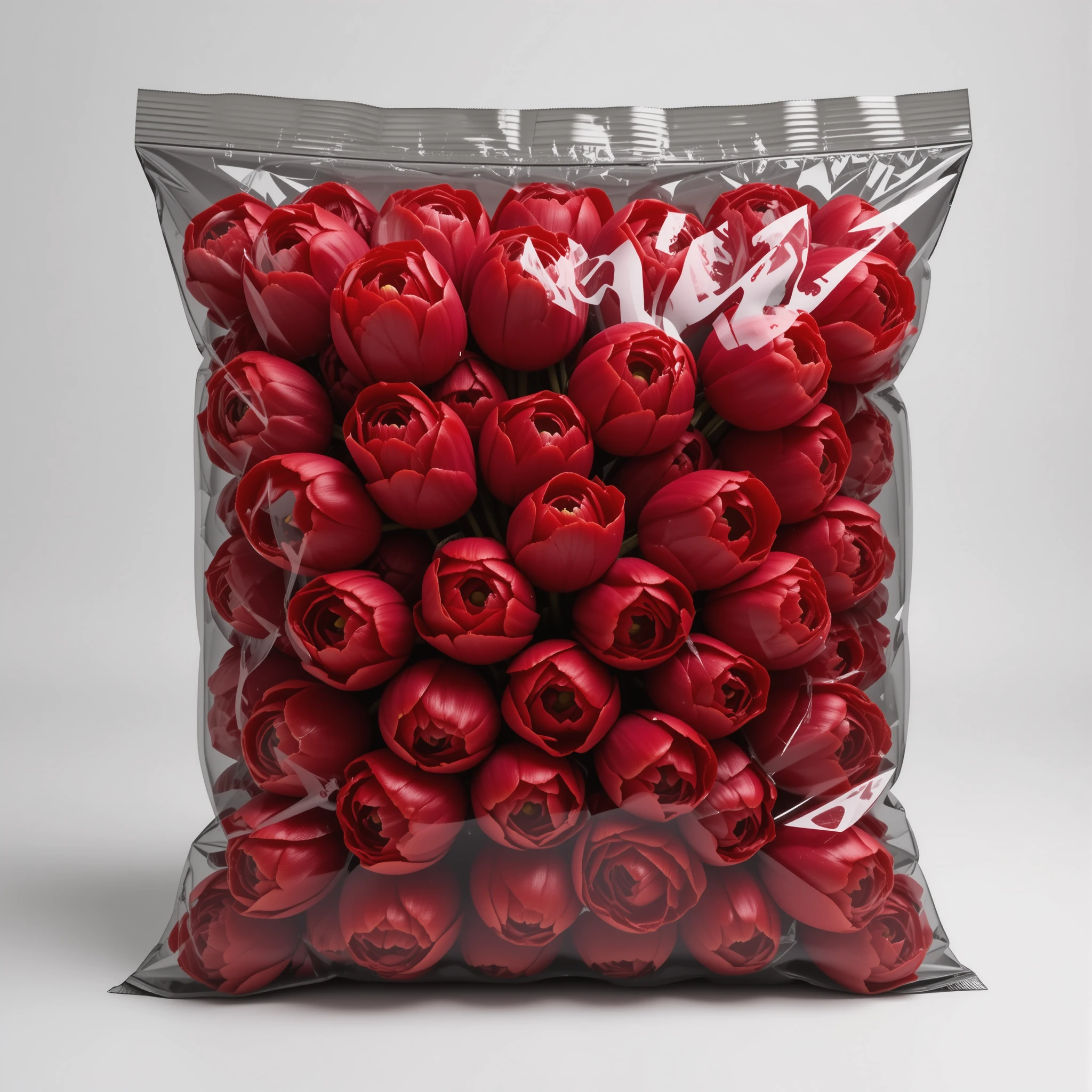 Tulipani rossi sigillati sottovuoto in plastica trasparente su sfondo nero